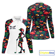 Load image into Gallery viewer, Funny Womens Long Sleeve Golf Polo Shirt Custom Floral Tropical Pattern, Flamingo Golf Shirts NHN0099