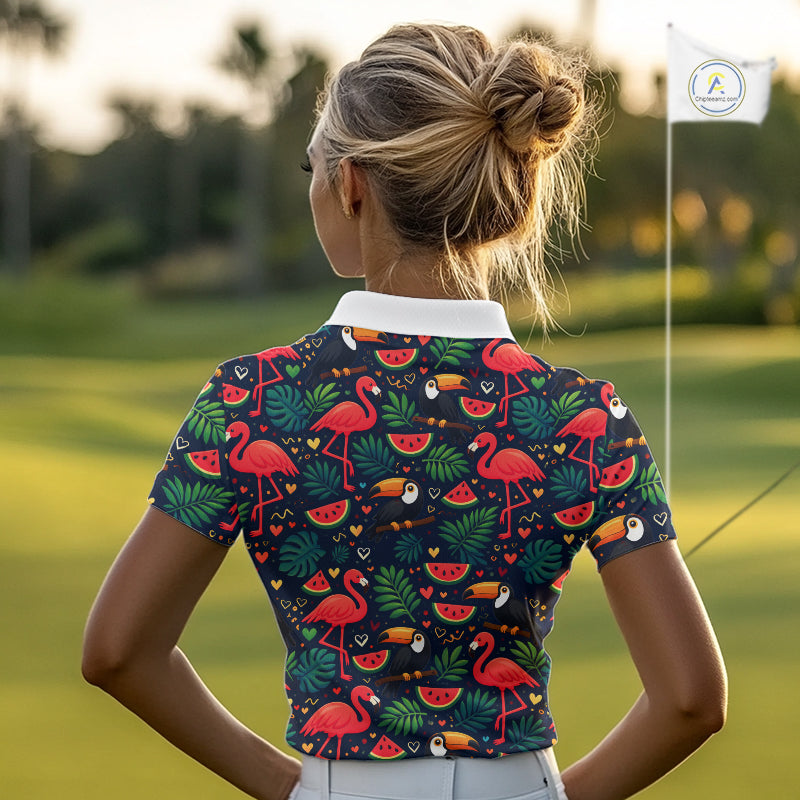 Funny Womens Golf Polo Shirt Custom Tropical Summer Pattern, Flamingo Golf Shirts For Ladies NHN0099