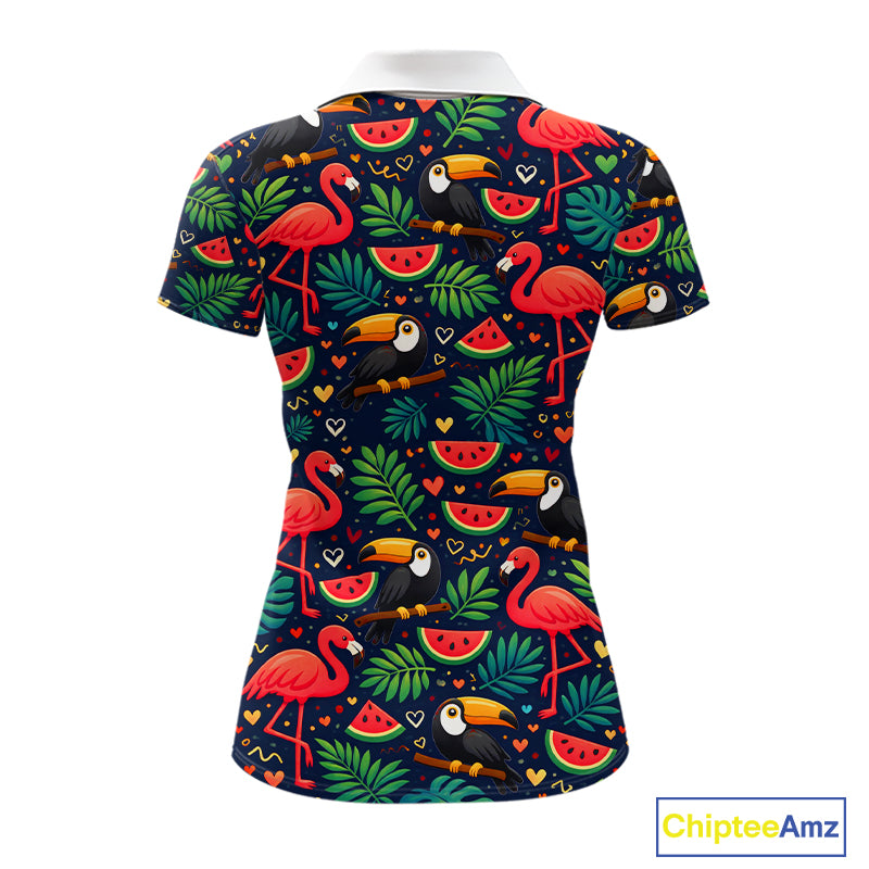Funny Womens Golf Polo Shirt Custom Tropical Summer Pattern, Flamingo Golf Shirts For Ladies NHN0099