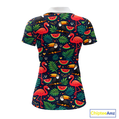Funny Womens Golf Polo Shirt Custom Tropical Summer Pattern, Flamingo Golf Shirts For Ladies NHN0099