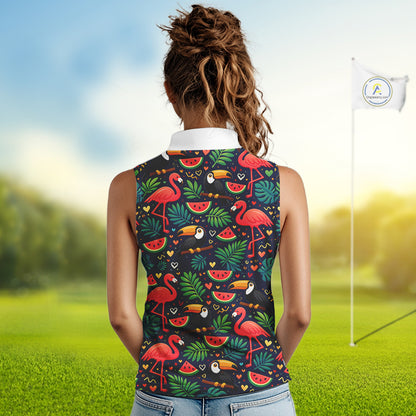 Funny Womens Sleeveless Golf Polo Shirt Custom Tropical Summer Pattern, Flamingo Golf Shirts For Ladies NHN0099