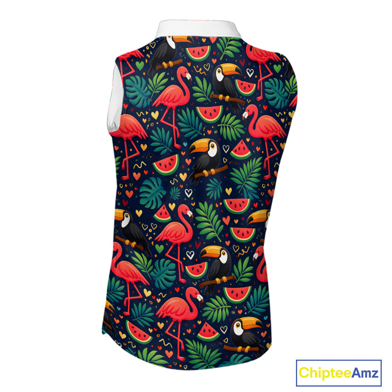 Funny Womens Sleeveless Golf Polo Shirt Custom Tropical Summer Pattern, Flamingo Golf Shirts For Ladies NHN0099