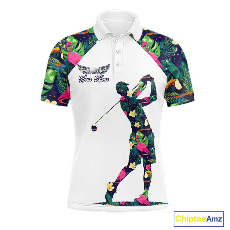 Funny Mens Golf Polo Shirt Custom Floral Tropical Leaf Pattern Flamingo Golf Shirt For Men NHN0099