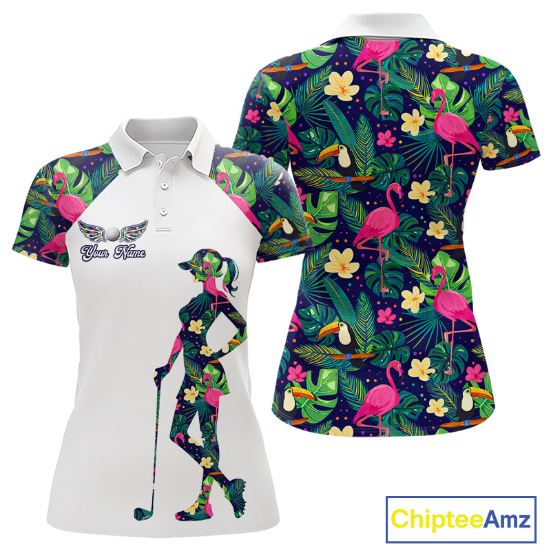 Funny Womens Golf Polo Shirt Custom Floral Tropical Pattern Flamingo Golf Shirts For Ladies NHN0099