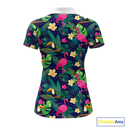 Funny Womens Golf Polo Shirt Custom Floral Tropical Pattern Flamingo Golf Shirts For Ladies NHN0099