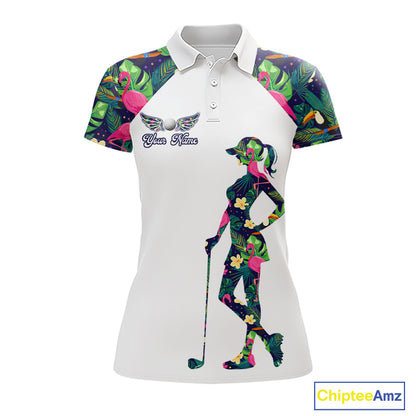 Funny Womens Golf Polo Shirt Custom Floral Tropical Pattern Flamingo Golf Shirts For Ladies NHN0099