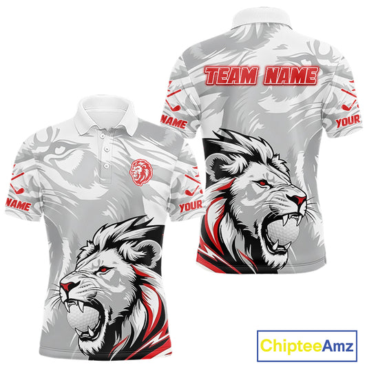 Lion Mens Golf Polo Shirt Red And White Lion King Sketching Polo Shirt Best Golf Shirt For Men NHN0055