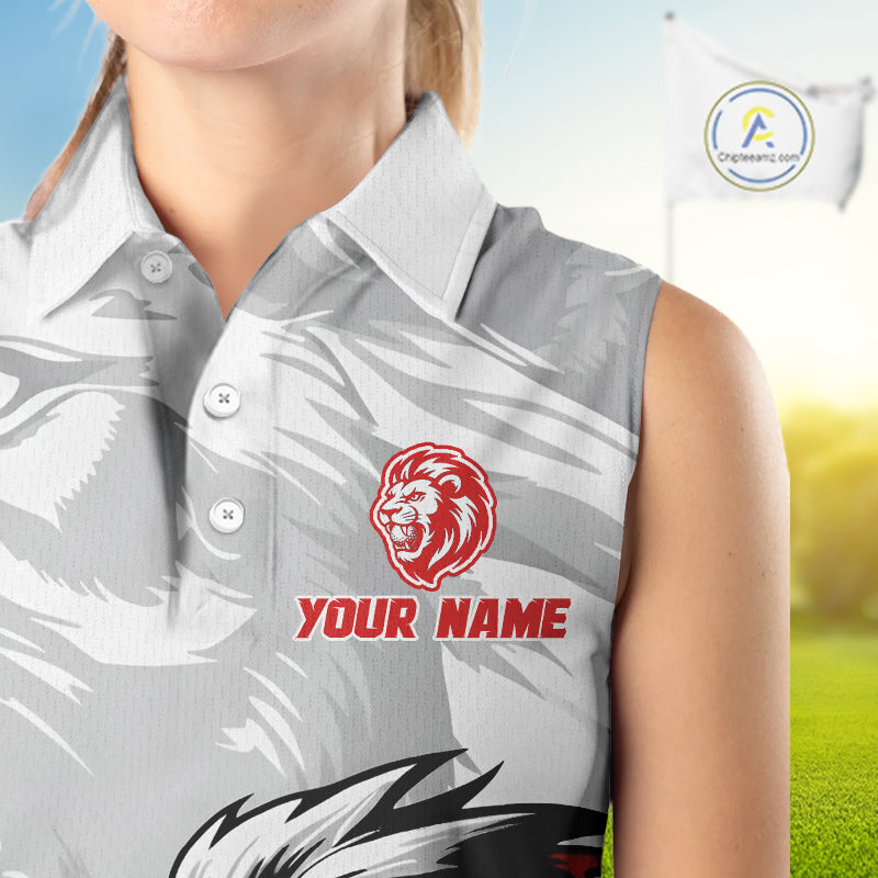 Lion Womens Sleeveless Golf Polo Shirt Custom Red And White Lion Best Golf Shirts For Women NHN0055