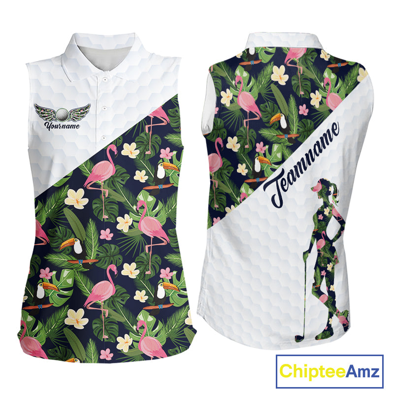 Womens Sleeveless Golf Polo Shirt Custom Tropical Pattern, Flamingo Golf Shirts For Ladies NHN0192