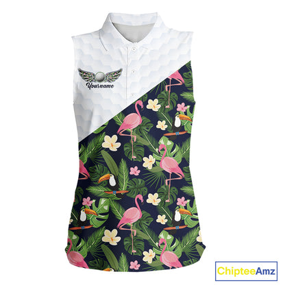 Womens Sleeveless Golf Polo Shirt Custom Tropical Pattern, Flamingo Golf Shirts For Ladies NHN0192