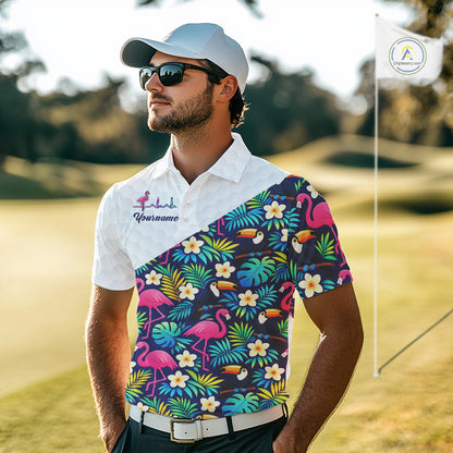Funny Mens Golf Polo Shirt Custom Toucan Tropical Pattern, Flamingo Golf Shirts For Men NHN0192