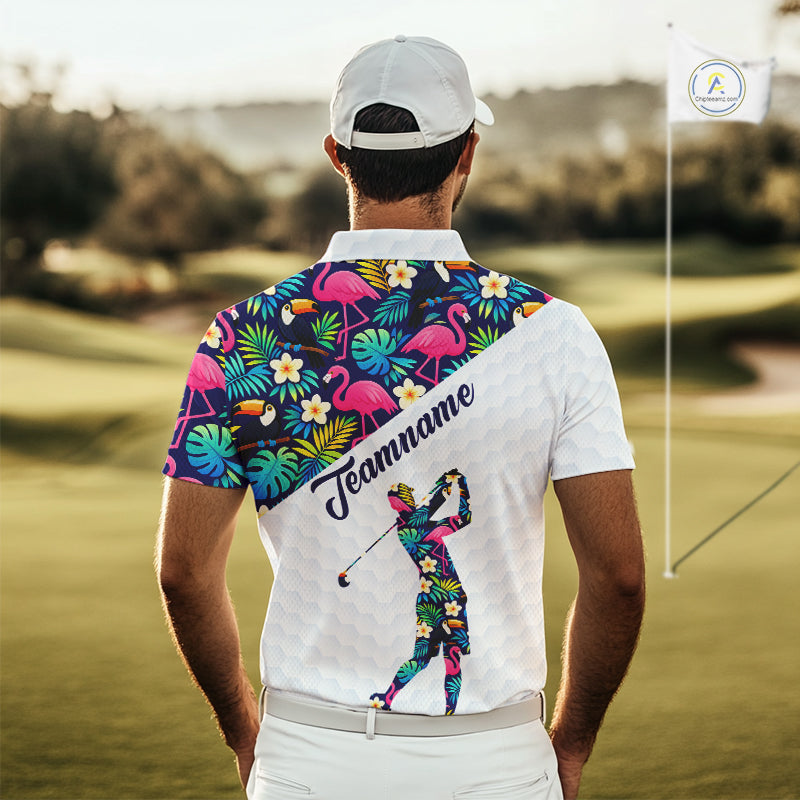 Funny Mens Golf Polo Shirt Custom Toucan Tropical Pattern, Flamingo Golf Shirts For Men NHN0192