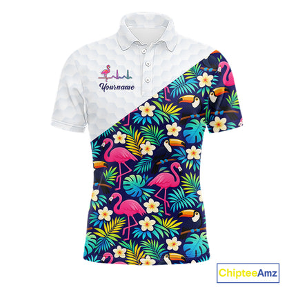 Funny Mens Golf Polo Shirt Custom Toucan Tropical Pattern, Flamingo Golf Shirts For Men NHN0192