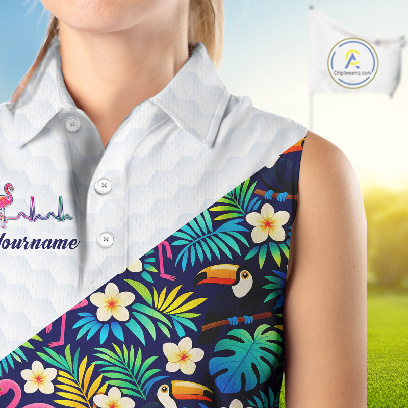 Funny Womens Sleeveless Golf Polo Shirt Custom Toucan Tropical Pattern, Flamingo Golf Shirt For Ladies NHN0192