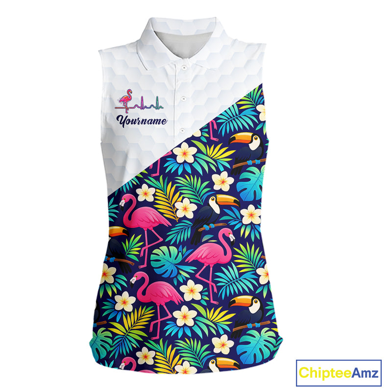 Funny Womens Sleeveless Golf Polo Shirt Custom Toucan Tropical Pattern, Flamingo Golf Shirt For Ladies NHN0192