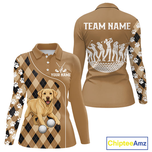 Funny Golden Retriever Womens Long Sleeve Golf Polo Shirt Custom Argyle Plaid Pattern Team Golf Tops NHN0197