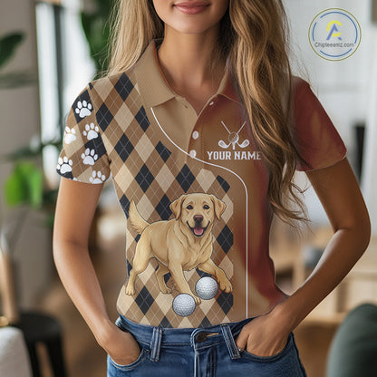 Funny Golden Retriever Womens Golf Polo Shirt Custom Argyle Plaid Pattern Team Golf Tops, Dog Lover NHN0197