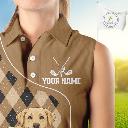 Funny Golden Retriever Womens Sleeveless Golf Polo Shirt Custom Argyle Plaid Pattern Team Golf Tops NHN0197