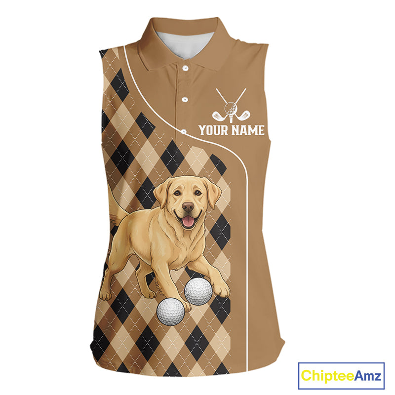 Funny Golden Retriever Womens Sleeveless Golf Polo Shirt Custom Argyle Plaid Pattern Team Golf Tops NHN0197