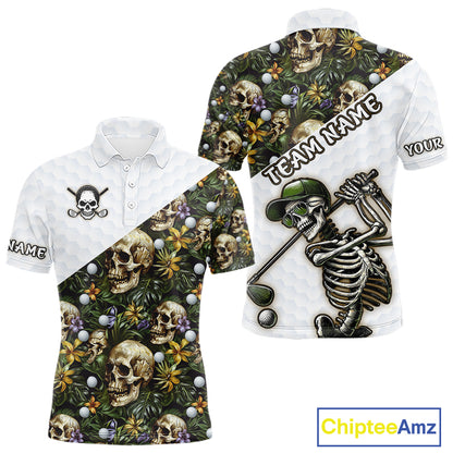 Funny Mens Golf Polo Shirts Custom Green Tropical Leaf Pattern Personalized Skull Golf Shirts For Men NHN0071