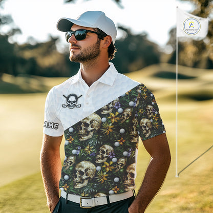 Funny Mens Golf Polo Shirts Custom Green Tropical Leaf Pattern Personalized Skull Golf Shirts For Men NHN0071