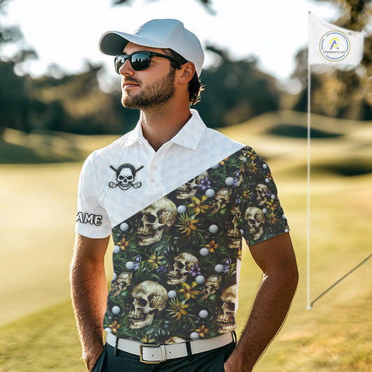 Funny Mens Golf Polo Shirts Custom Green Tropical Leaf Pattern Personalized Skull Golf Shirts For Men NHN0071