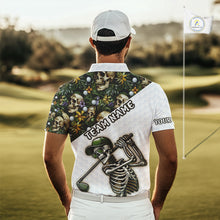 Load image into Gallery viewer, Funny Mens Golf Polo Shirts Custom Green Tropical Leaf Pattern Personalized Skull Golf Shirts For Men NHN0071