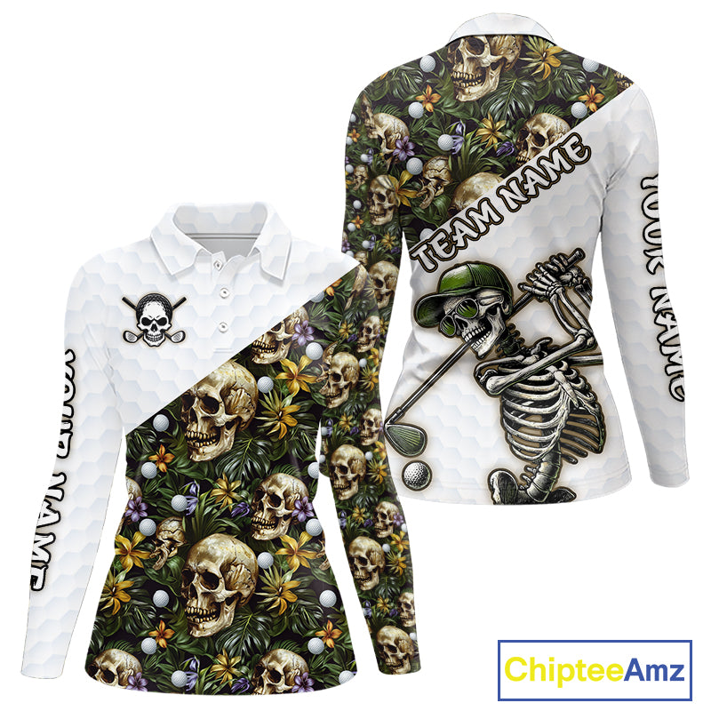 Funny Womens Long Sleeve Golf Shirts Green Tropical Pattern Golf Ball Custom Skull Golf Shirts NHN0071