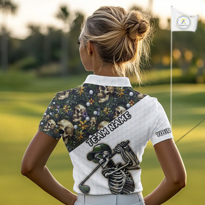 Funny Womens Golf Polo Shirt Custom Green Tropical Pattern Golf Ball Personalized Skull Golf Shirts NHN0071