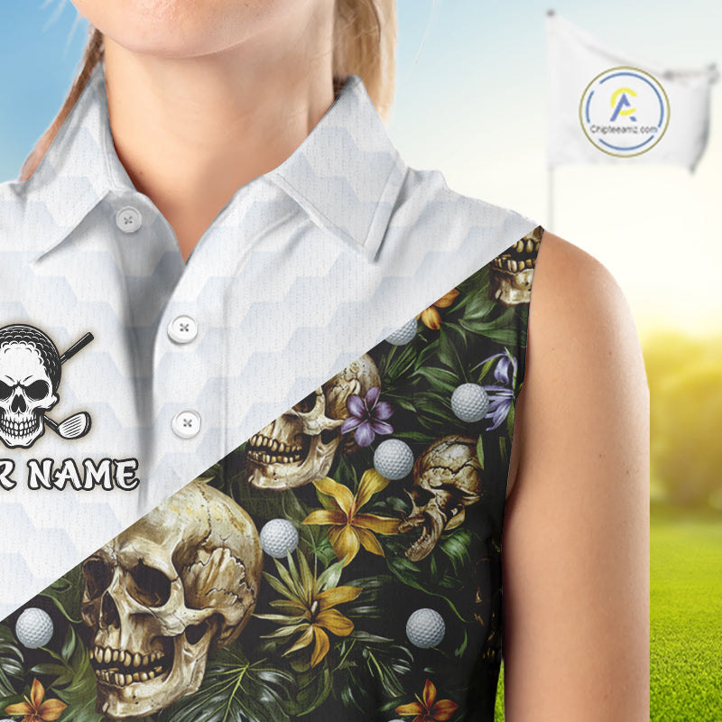 Funny Womens Sleeveless Golf Polo Shirts Custom Green Tropical Pattern Personalized Skull Golf Shirts NHN0071