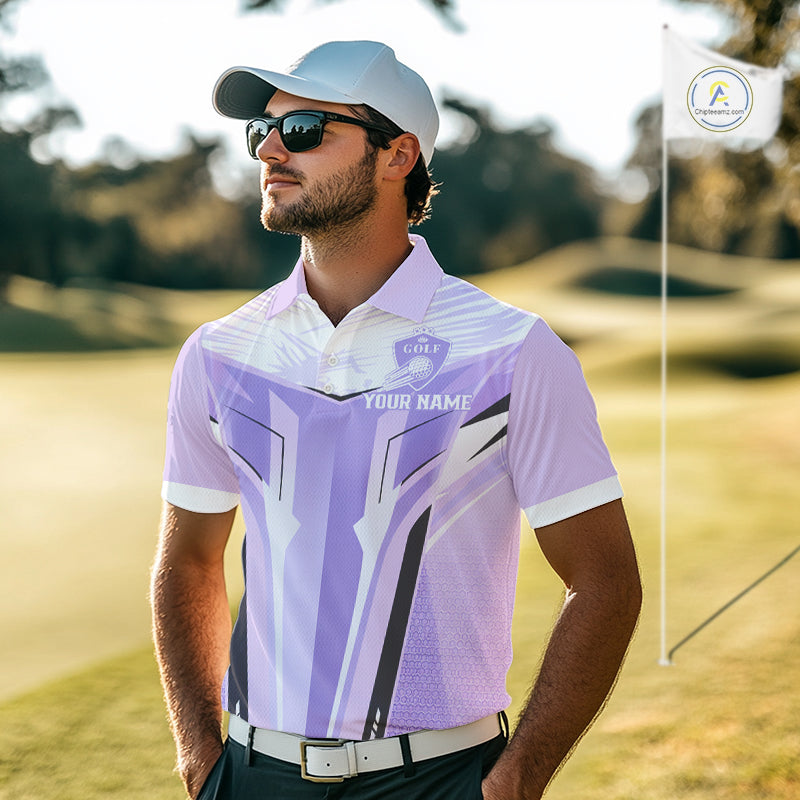 Mens Golf Polo Shirt Purple Geometric Pattern Custom Team Golf Tops For Men, Golf Gifts NHN0199