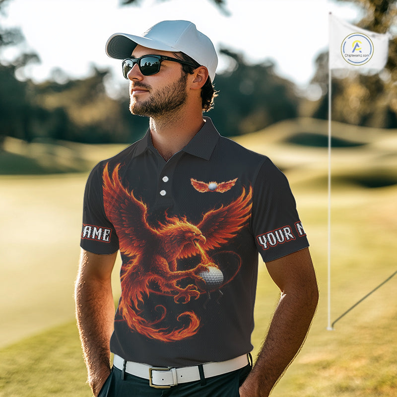 Mens Golf Polo Shirt Custom Phoenix Red Flame Team Golf Tops, White Golf Outfit For Men NHN0078