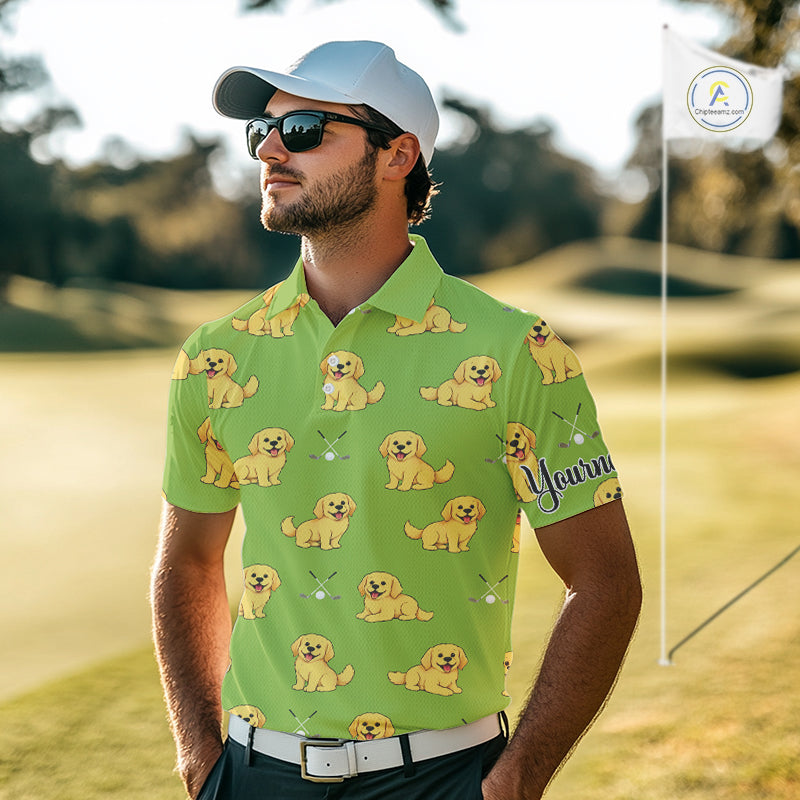 Mens Golf Polo Shirt Custom Funny Golden Retriever Team Mens Golf Tops Green, Dog Lover Gift NHN0214