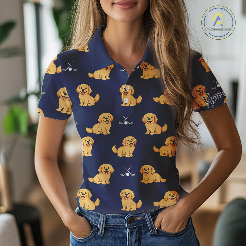 Funny Golden Retriever Womens Golf Polo Shirt Custom Blue Team Ladies Golf Tops, Dog Lover Gift Nhn0214
