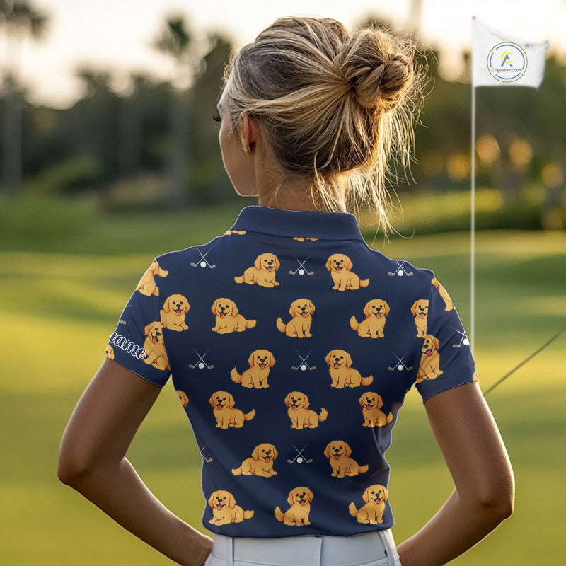 Funny Golden Retriever Womens Golf Polo Shirt Custom Blue Team Ladies Golf Tops, Dog Lover Gift Nhn0214