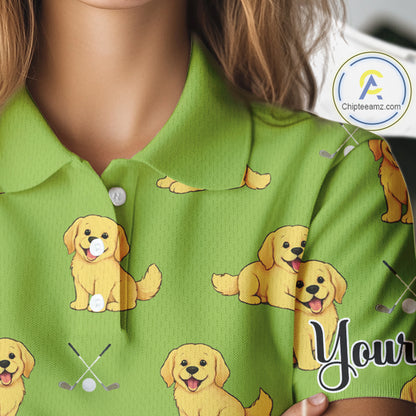 Womens Golf Polo Shirt Custom Funny Golden Retriever Green Team Ladies Golf Tops, Dog Lover Gift NHN0214