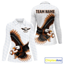 Load image into Gallery viewer, Womens Long Sleeve Golf Polo Shirt Custom Eagle Golf Shirts Personalized Golf Clubs White Team Golf Top NHN0082