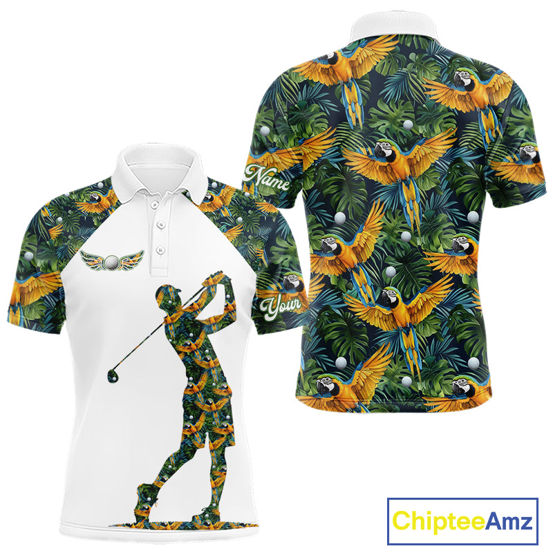Mens Golf Polo Shirt Custom Colorful Parrots And Floral Tropical Pattern Team Golf Shirts, Golf Gifts NHN0093