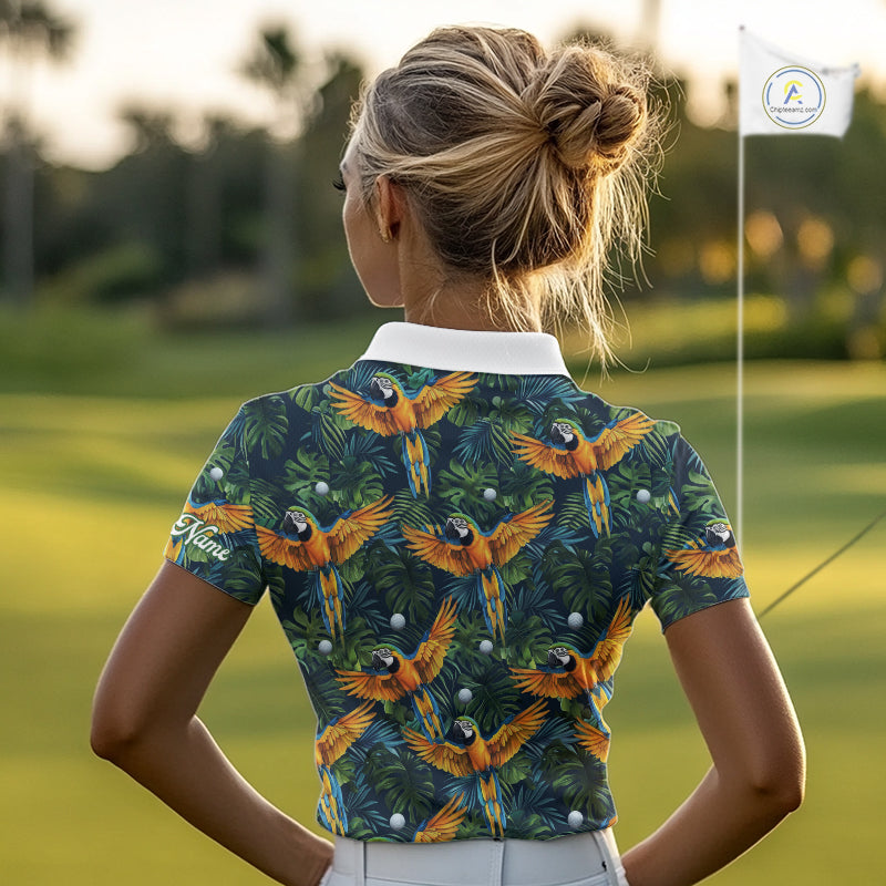 Womens Golf Polo Shirt Custom Colorful Parrots And Floral Tropical Pattern Team Golf Shirts, Golf Gifts NHN0093