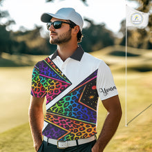 Load image into Gallery viewer, Rainbow Mens Golf Polo Shirt Leopard Print Pattern Custom Golf Ball Team Golf Tops, Golf Gifts NHN0226