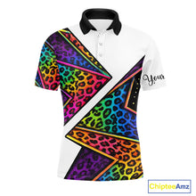 Load image into Gallery viewer, Rainbow Mens Golf Polo Shirt Leopard Print Pattern Custom Golf Ball Team Golf Tops, Golf Gifts NHN0226