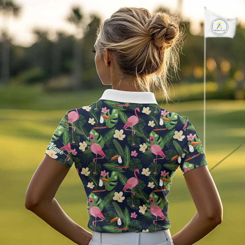 Funny Womens Golf Polo Shirt Custom Tropical Pattern, Flamingo Golf Shirts For Ladies NHN0099