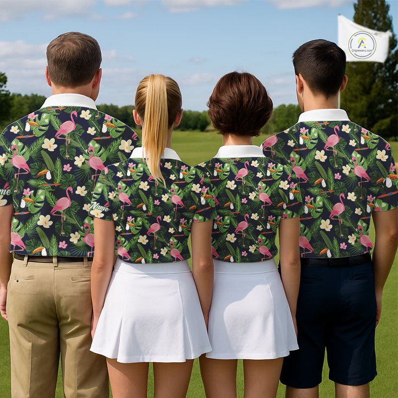 Funny Mens Golf Polo Shirt Custom Tropical Leaf Pattern Personalized Flamingo Golf Shirts For Men NHN0099