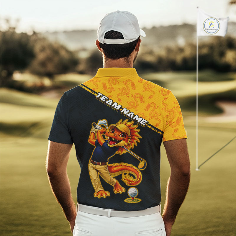Funny Dragon Mens Golf Polo Shirts Custom Yellow And Blue Dragon Pattern Team Golf Outfits, Golf Gifts NHN0102