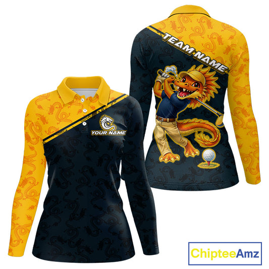 Funny Dragon Womens Long Sleeve Golf Polo Shirt Custom Yellow And Blue Team Golf Outfits, Golf Gifts NHN0102