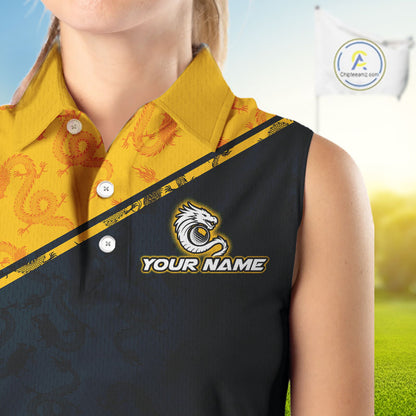 Funny Dragon Womens Sleeveless Golf Polo Shirt Custom Yellow And Blue Team Golf Outfits, Golf Gifts NHN0102