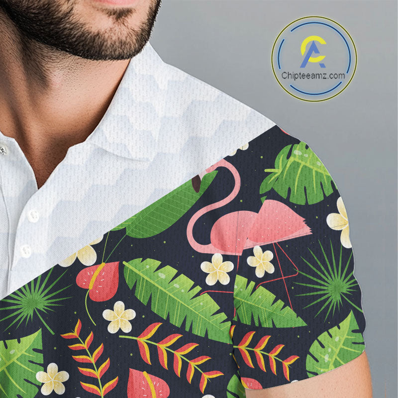 Funny Flamingo Mens Golf Polo Shirt Custom Colorful Floral Flamingo Pattern, Tropical Team Golf Polo NHN0106