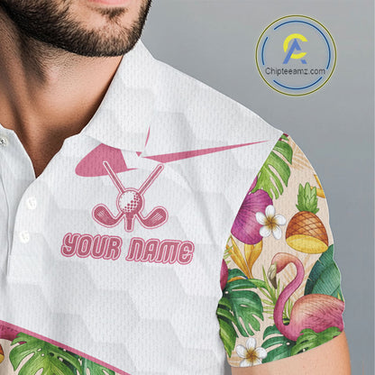Funny Flamingo Mens Golf Polo Shirt Floral Tropical Custom Pink Golf Shirts Golfer Gift Apparel NHN0107