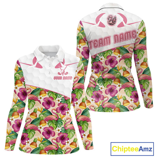Funny Flamingo Womens Long Sleeve Golf Polo Shirt Floral Tropical Custom Pink Golf Shirts Golfer Gift NHN0107