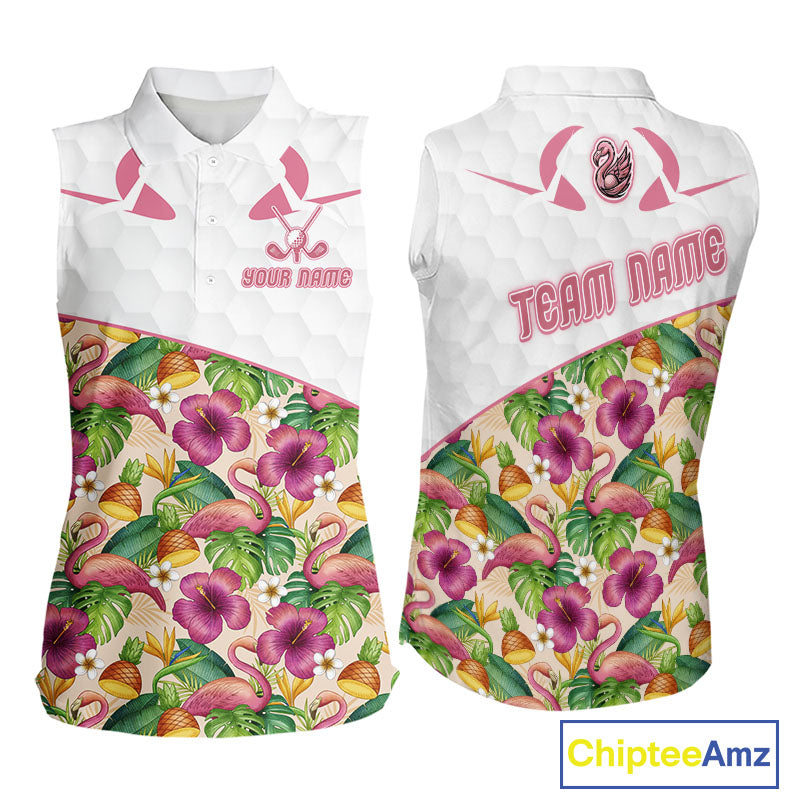 Funny Flamingo Womens Sleeveless Golf Polo Shirt Floral Tropical Custom Pink Golf Shirts Golfer Gift NHN0107
